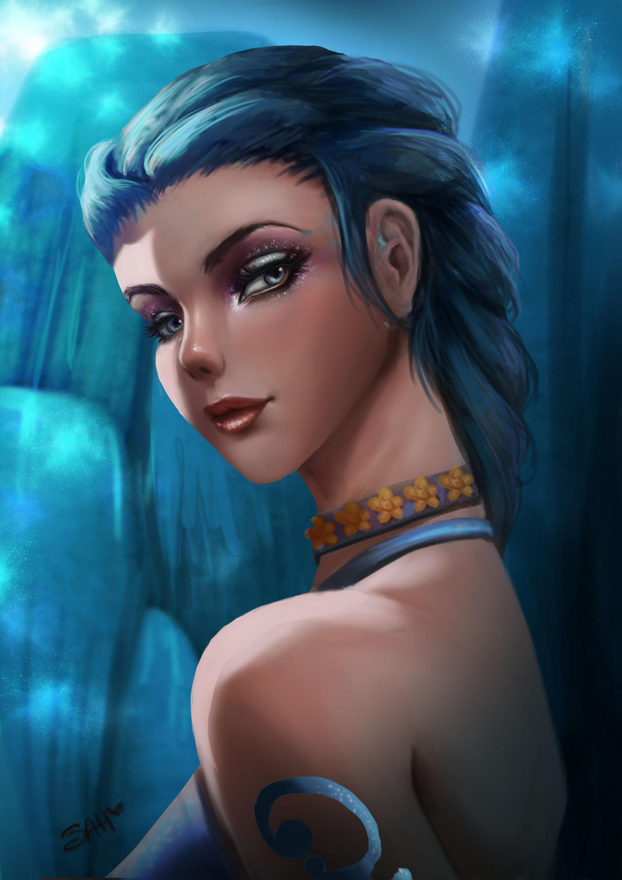 1girl, ana_paniagua, arm_tattoo, barbie_(franchise), barbie_fairytopia_(film_series), barbie_movies, bare_back, bikini, bikini_top, blue_background, blue_hair, braid, breasts, choker, eyeshadow, from_side, grey_eyes, highres, light_rays, long_hair, looking_back, makeup, mermaid, monster_girl, nori_(barbie), portrait, real_life, red_lips, smirk, solo, sunbeam, sunlight, swimsuit, tattoo, underwear