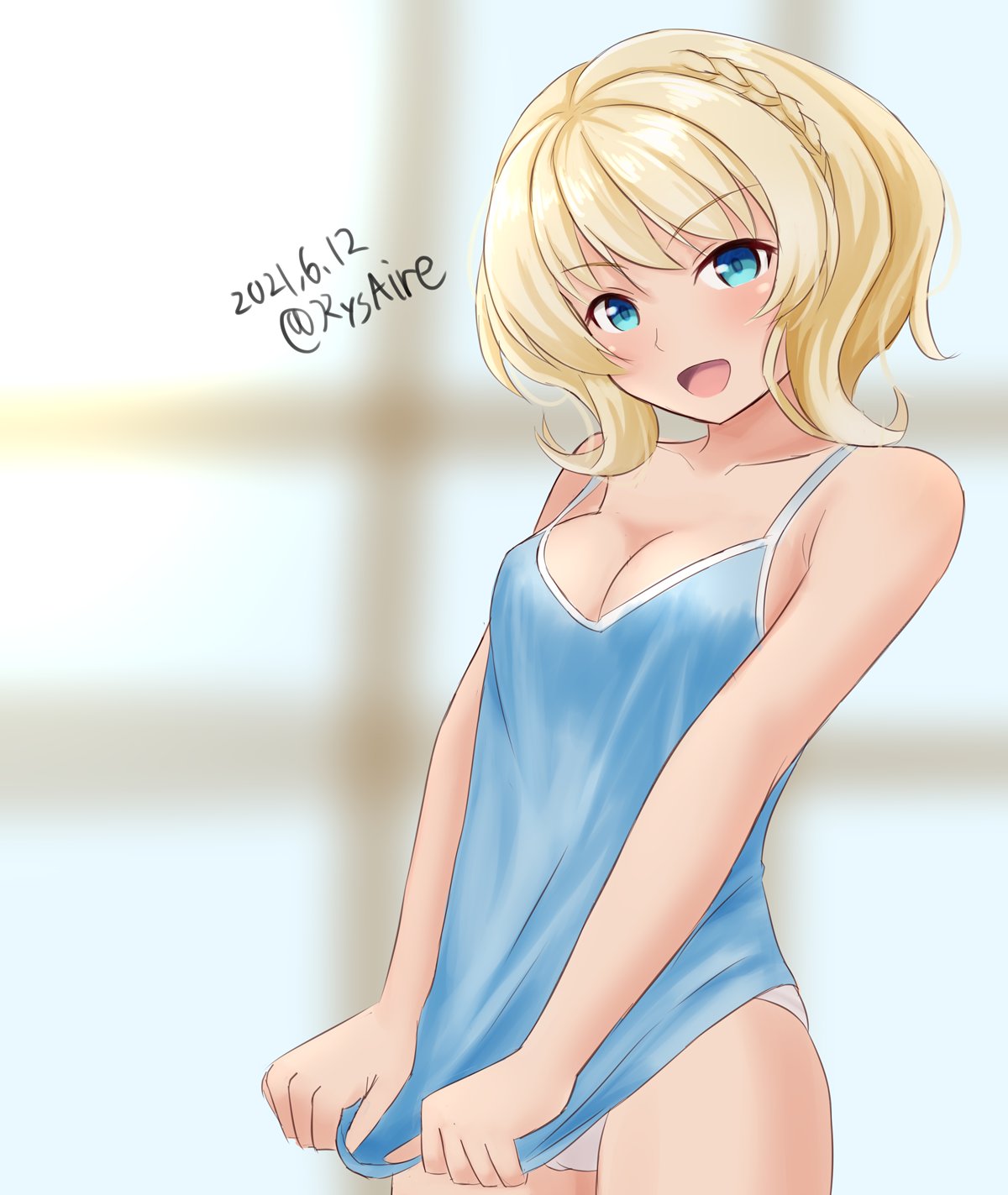 1girl, ame-san, blonde_hair, blue_camisole, blue_eyes, breasts, camisole, camisole_pull