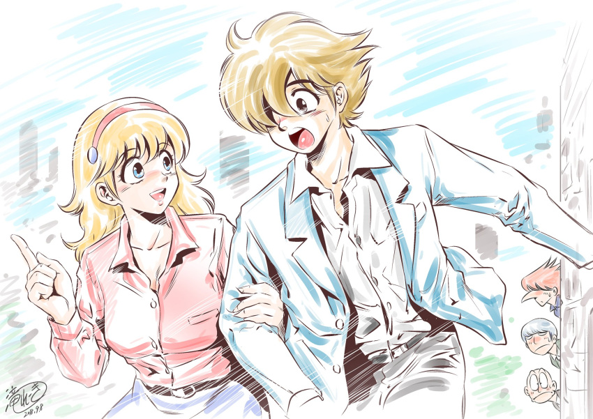 1girl, 4boys, albert_heinrich, bangs, belt, blonde_hair, blouse, breasts