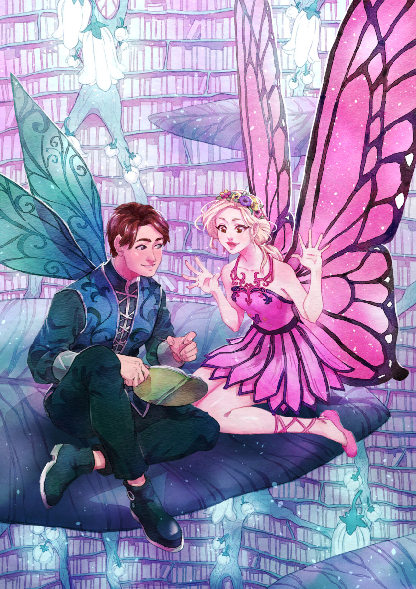 1boy, 1girl, barbie_(character), barbie_(franchise), barbie_movies, blonde_hair, book, bookshelf, boots, brown_eyes, brown_hair, bug, butterfly, butterfly_dress, butterfly_wings, digital_watercolor, dress, epiphanypaige, excited, fairy, fairy_wings, flats, floating, floating_object, flower, formal, green_wings, hair_flower, hair_ornament, hair_pulled_back, head_wreath, highres, holding, holding_book, insect, leaf, library, mariposa, miniboy, minigirl, outstretched_hand, pink_dress, pink_footwear, pink_wings, platinum_blonde_hair, prince_carlos, seiza, sitting, talking, wings