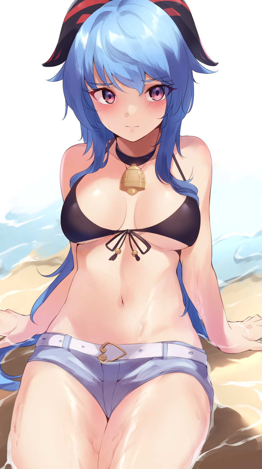 1girl, absurdres, arm_support, bangs, bare_arms, bare_shoulders, bell, belt, bikini, black_bikini, black_choker, blue_hair, blush, breasts, choker, commentary_request, cowboy_shot, eyebrows_visible_through_hair, front-tie_bikini, front-tie_top, ganyu_(genshin_impact), genshin_impact, haneramu, highres, horns, long_hair, looking_at_viewer, medium_breasts, micro_shorts, navel, neck_bell, pink_eyes, shorts, sitting, solo, stomach, swimsuit, thighs, white_belt