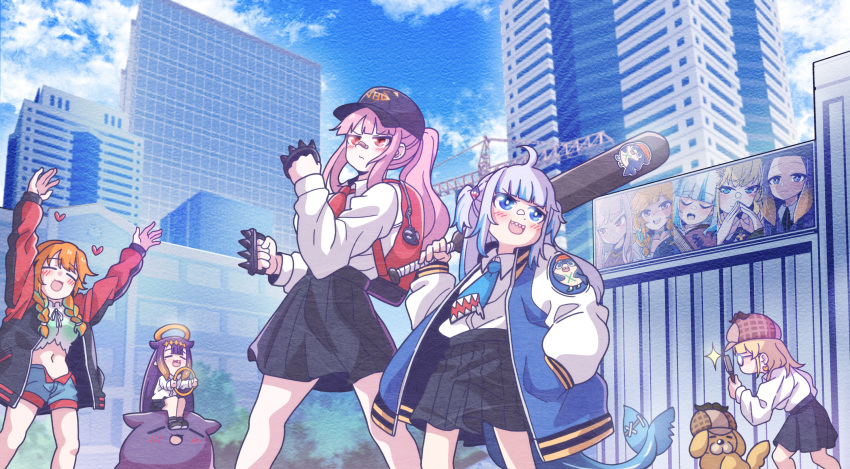1girl, 2others, backpack, bag, bandaid, bandaid_on_nose, bangs, baseball_bat
