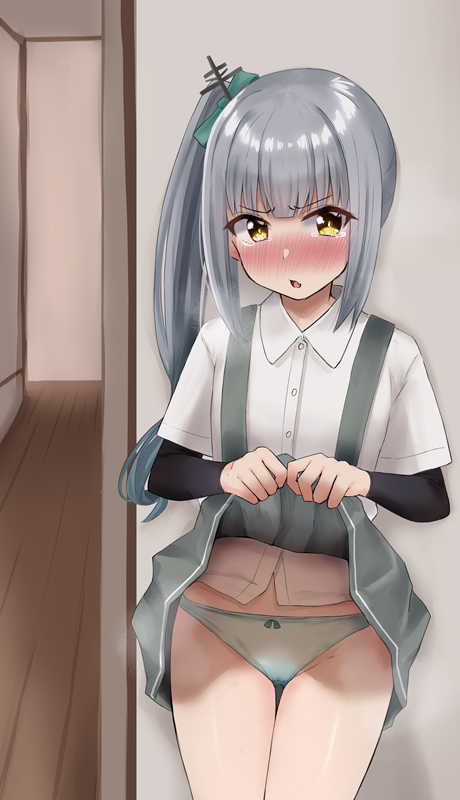 1girl, arm_warmers, blush, bow, bow_panties, clothes_lift, eyebrows_visible_through_hair, green_panties