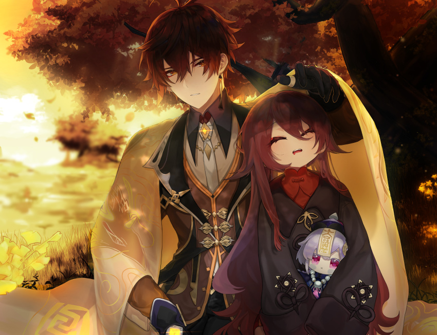 1boy, 1girl, absurdres, ahoge, autumn, bangs, bead_necklace, beads