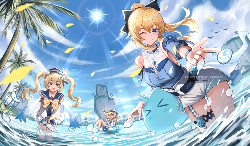 3girls, :d, alternate_costume, arm_up, artist_name, bangs, barbara_(genshin_impact), barbara_(summertime_sparkle)_(genshin_impact)