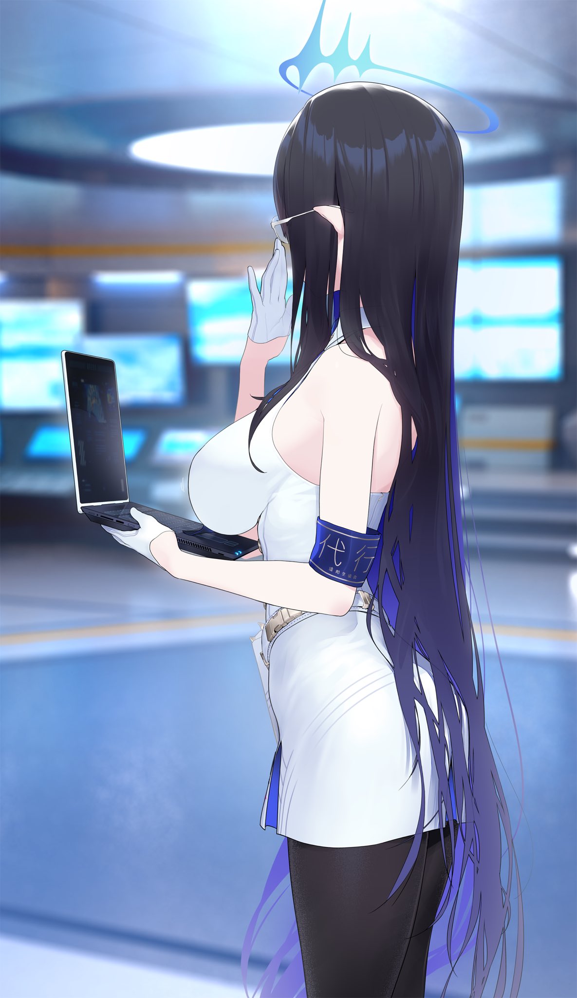 1girl, adjusting_eyewear, armband, artist_request, black_hair, black_legwear, blue_archive, blue_hair
