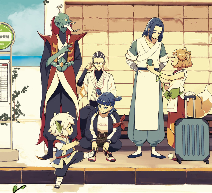 1girl, 5boys, animal_ears, beard, black_hair, brown_hair, cat_boy, cat_ears