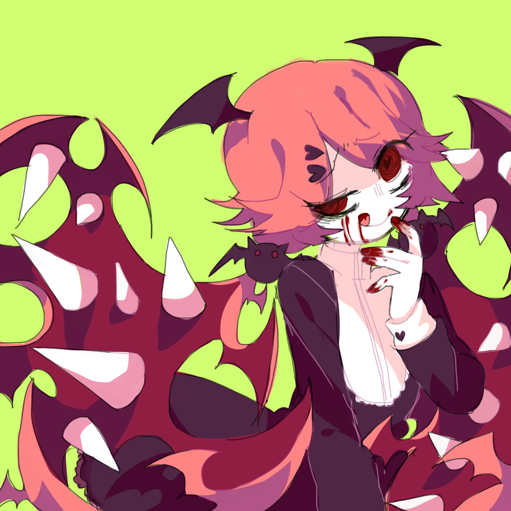 1girl, bat_wings, blood, blood_from_mouth, blood_on_face, cranber, demon_girl, dress, funamusea, haiiro_teien, heart, horns, long_hair, looking_at_viewer, pink_hair, red_eyes, spiky_hair, suaviterra, tongue, tongue_out, twintails, very_long_hair, wings