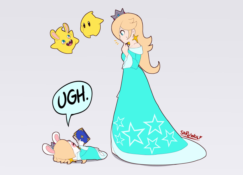blonde_hair, blue_dress, blue_eyes, book, buck_teeth, crown, dress, earrings, english_text, highres, jewelry, looking_at_viewer, luma_(mario), lying, mario_+_rabbids_sparks_of_hope, on_back, rabbid, rabbid_luma, rabbid_rosalina, rosalina, signature, speech_bubble, sweatdrop