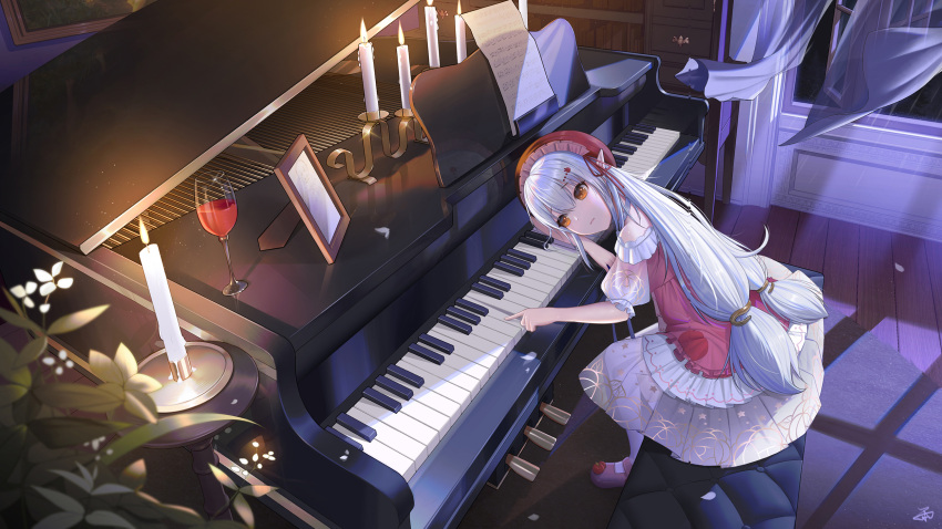 1girl, alcohol, candle, candlelight, cup, curtains, dress, drinking_glass