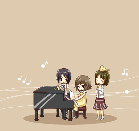 asou_misaki, bird, black_hair, blush, brown_hair, chibi, dress, fatal_frame