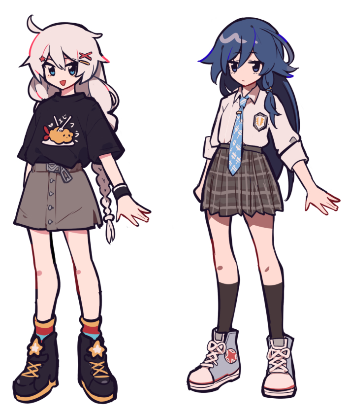 2girls, :d, antenna_hair, bangs, black_legwear, black_shirt, blue_eyes, blue_footwear