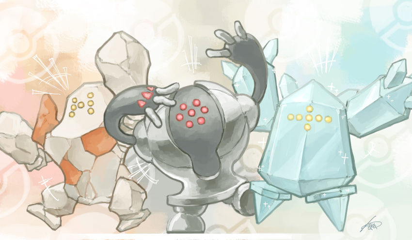 +++, absurdres, arms_up, commentary_request, gen_3_pokemon, highres, legendary_pokemon, no_humans, pokemon, pokemon_(creature), red_eyes, regice, regirock, registeel, signature, standing, standing_on_one_leg, warabimoti168, yellow_eyes