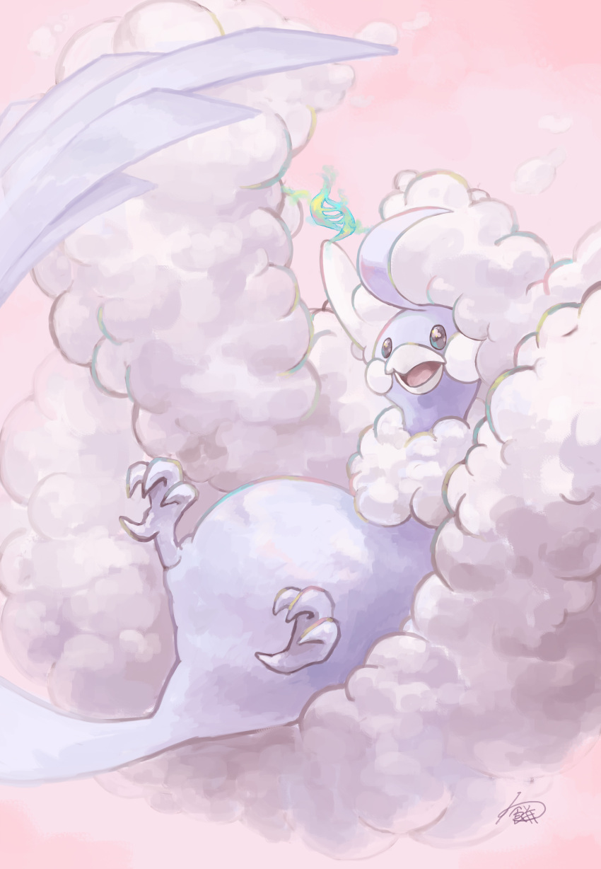 absurdres, ahoge, altaria, bird, commentary_request, fluffy, gen_3_pokemon, highres, mega_altaria, mega_pokemon, no_humans, open_mouth, pokemon, pokemon_(creature), signature, solo, talons, tongue, warabimoti168