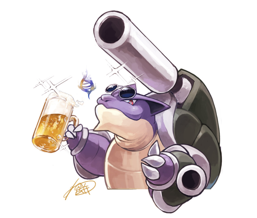 alcohol, alternate_color, beer, beer_mug, blastoise, closed_mouth, commentary_request, cup