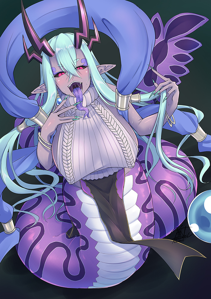 1girl, aqua_hair, bangs, bare_shoulders, black_skirt, blush, breasts, colored_skin