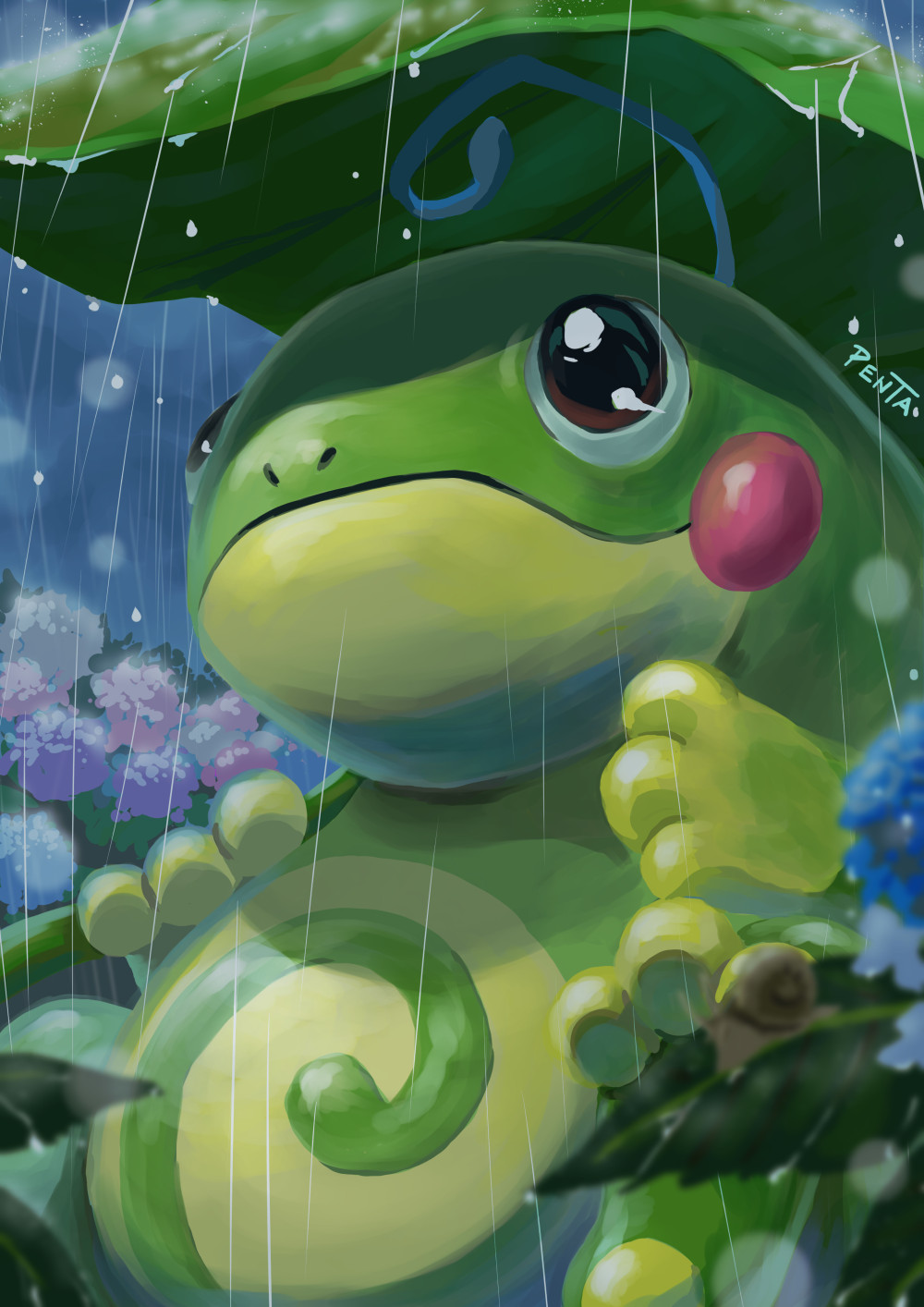 blurry, brown_eyes, closed_mouth, commentary_request, gen_2_pokemon, highres, leaf, no_humans