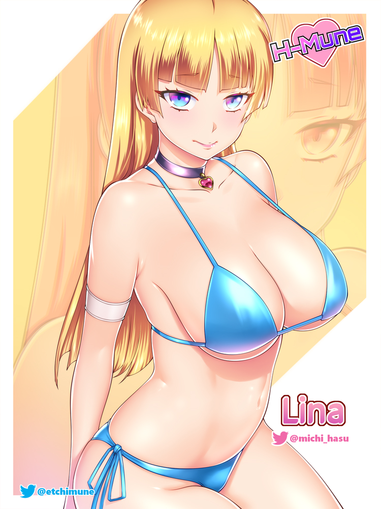 1girl, arm_strap, bangs, bikini, blonde_hair, blue_bikini, blue_eyes, blue_ribbon