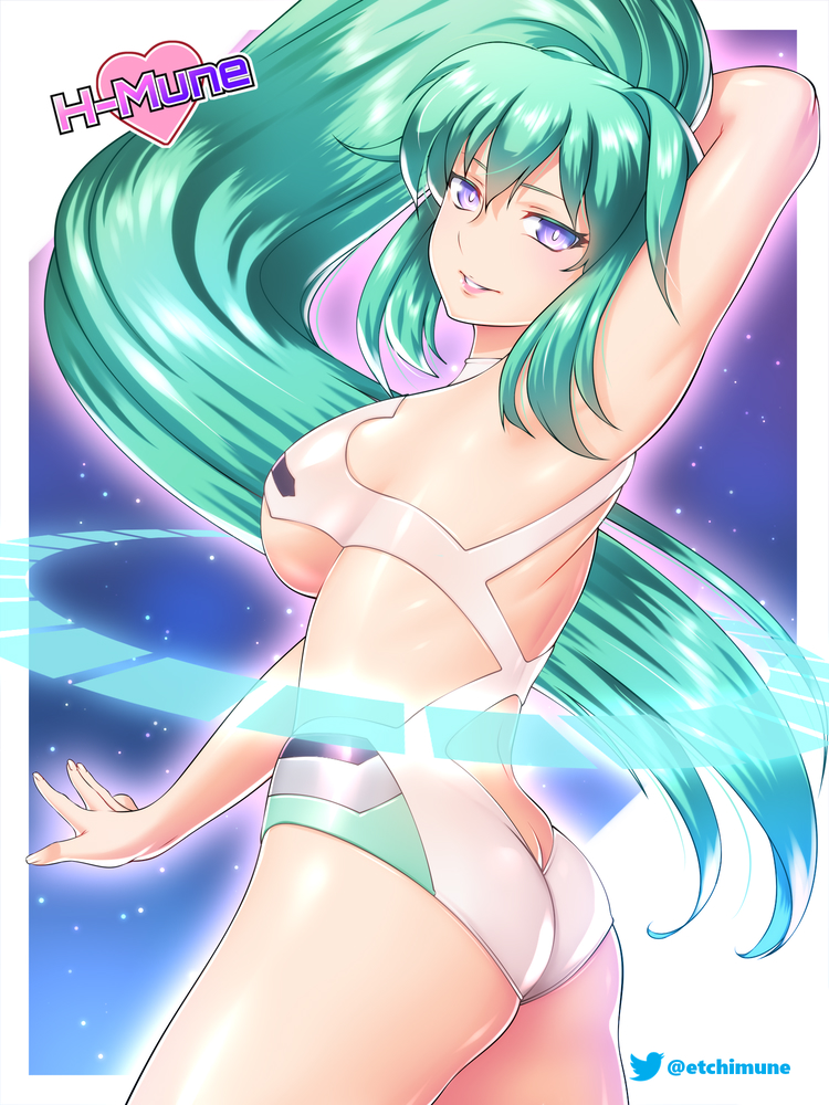 1girl, aqua_hair, arm_up, armpits, ass, bangs, border, breasts