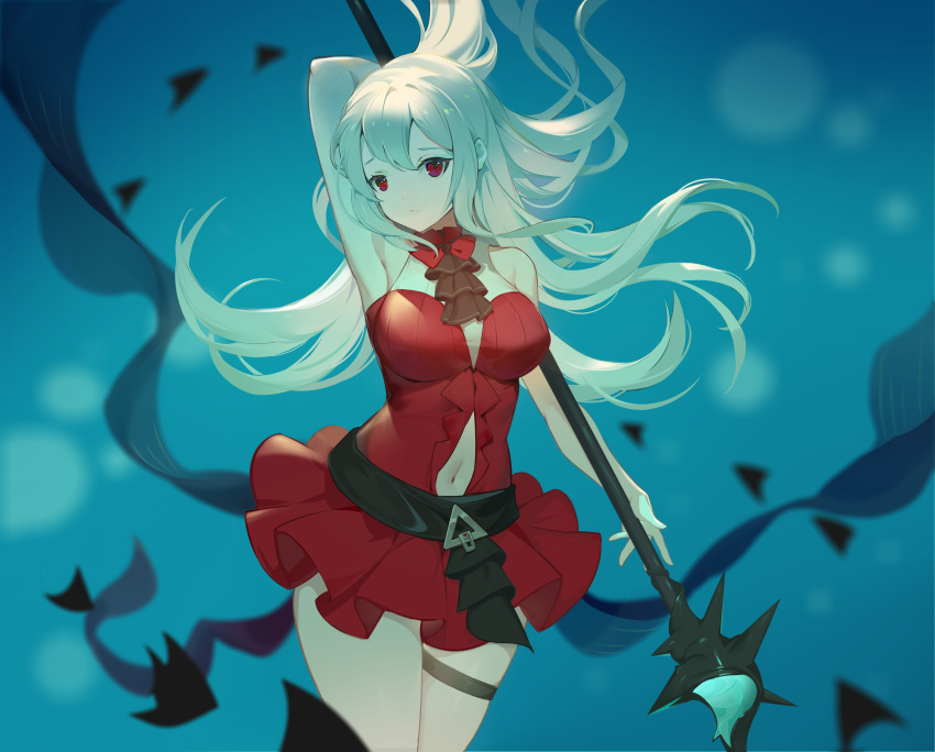 1girl, absurdres, arknights, arm_behind_head, arm_up, armpits, ascot, bare_shoulders