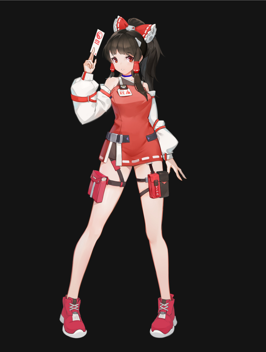1girl, absurdres, adapted_costume, ankle_boots, arm_at_side, bangs, bare_legs, bare_shoulders