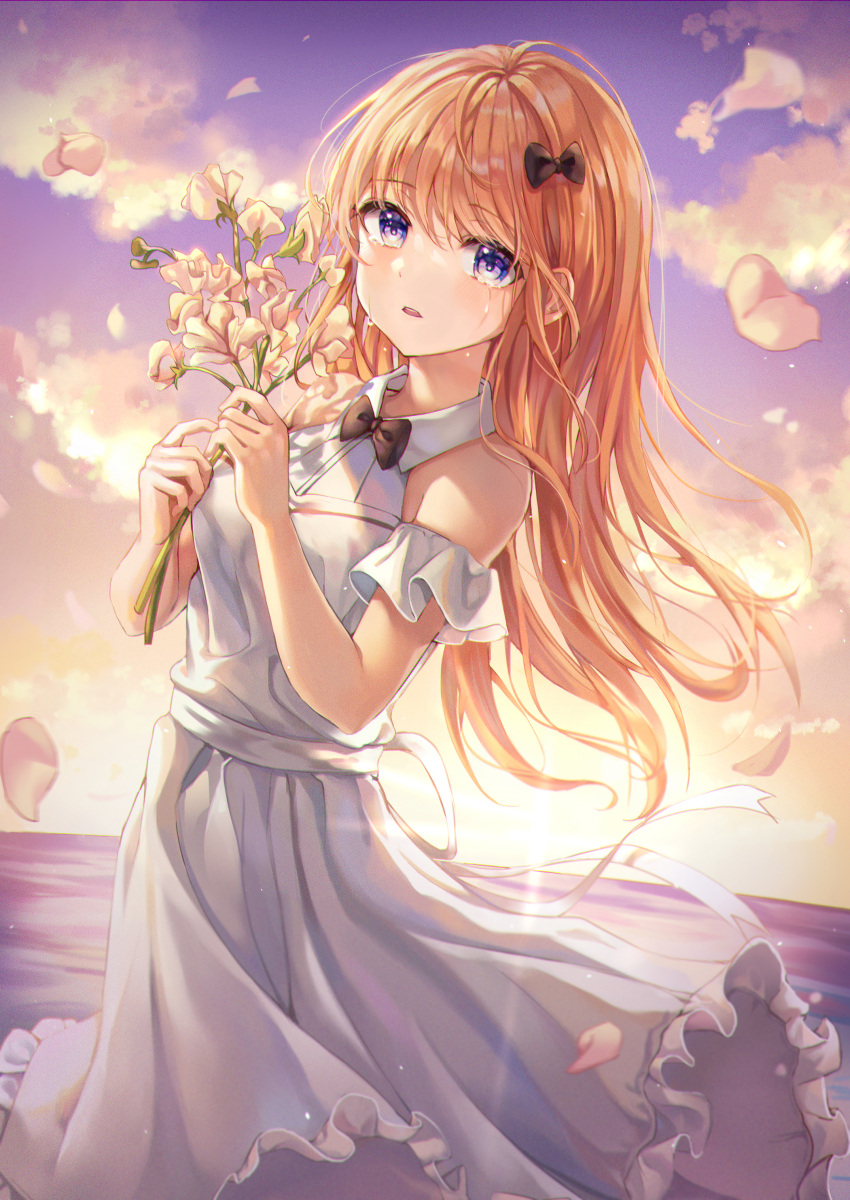 1girl, absurdres, bare_shoulders, black_bow, black_neckwear, blonde_hair, blush, bow, bowtie, clouds, crying, crying_with_eyes_open, dress, flower, frilled_dress, frills, hair_bow, highres, holding, holding_flower, huge_filesize, lime1125, long_hair, looking_at_viewer, open_mouth, original, outdoors, petals, pink_flower, sky, sleeveless, sleeveless_dress, solo, standing, sunset, tears, violet_eyes, white_dress