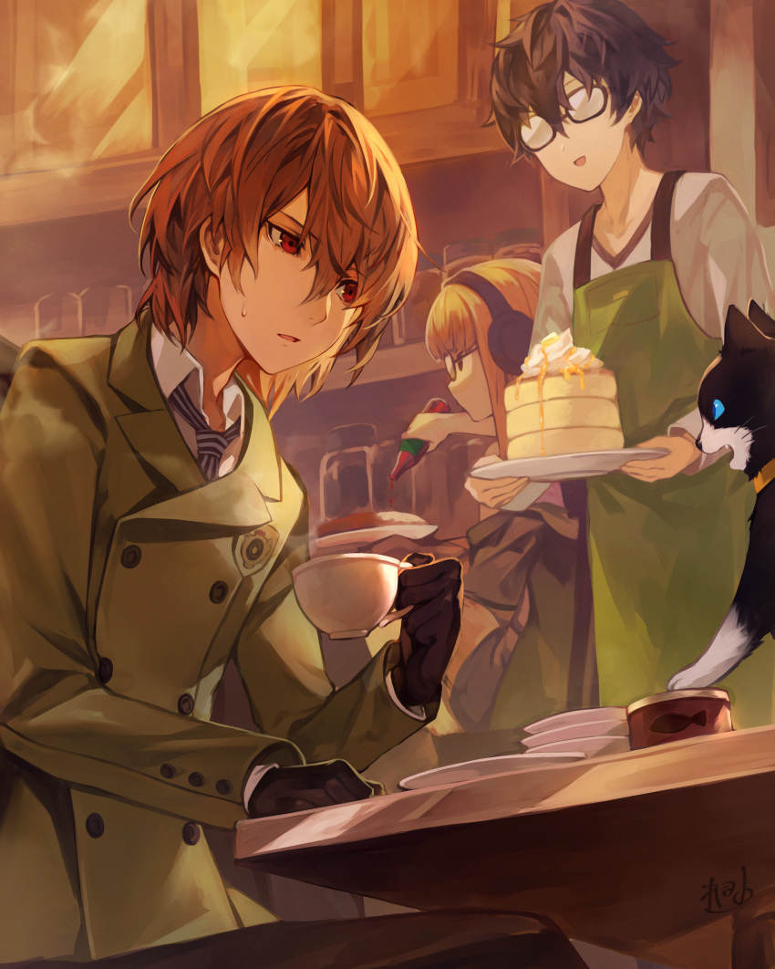 1girl, 2boys, absurdres, akechi_gorou, amamiya_ren, apron, black_hair, brown_hair