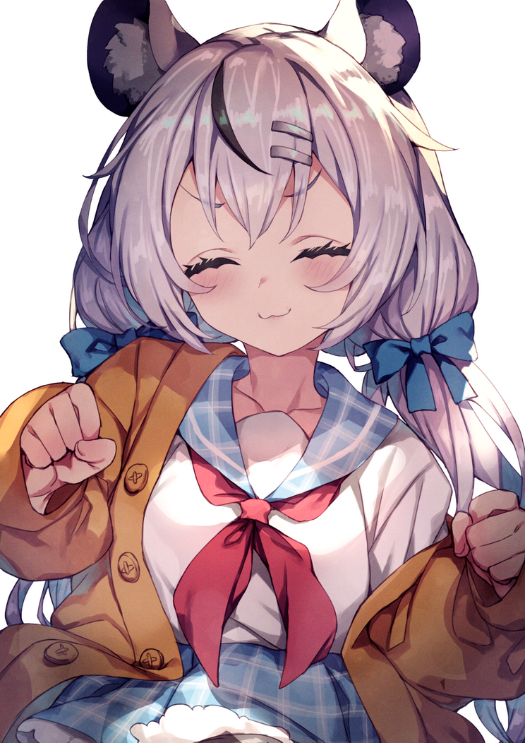 1girl, :3, ^_^, animal_ears, blue_skirt, closed_eyes, collarbone, hair_ornament, hair_ribbon, hairclip, indie_virtual_youtuber, long_hair, low_twintails, mouse_ears, nezumi_nemurin_(vtuber), plaid, plaid_skirt, redcomet, ribbon, school_uniform, serafuku, silver_hair, simple_background, skirt, solo, twintails, upper_body, virtual_youtuber, white_background