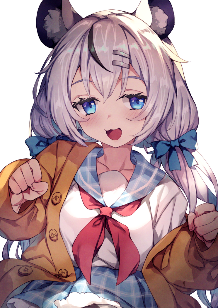 1girl, :d, animal_ears, blue_eyes, blue_skirt, collarbone, hair_ornament, hair_ribbon, hairclip, indie_virtual_youtuber, long_hair, low_twintails, mouse_ears, nezumi_nemurin_(vtuber), open_mouth, plaid, plaid_skirt, redcomet, ribbon, school_uniform, serafuku, silver_hair, simple_background, skirt, smile, solo, twintails, upper_body, virtual_youtuber, white_background