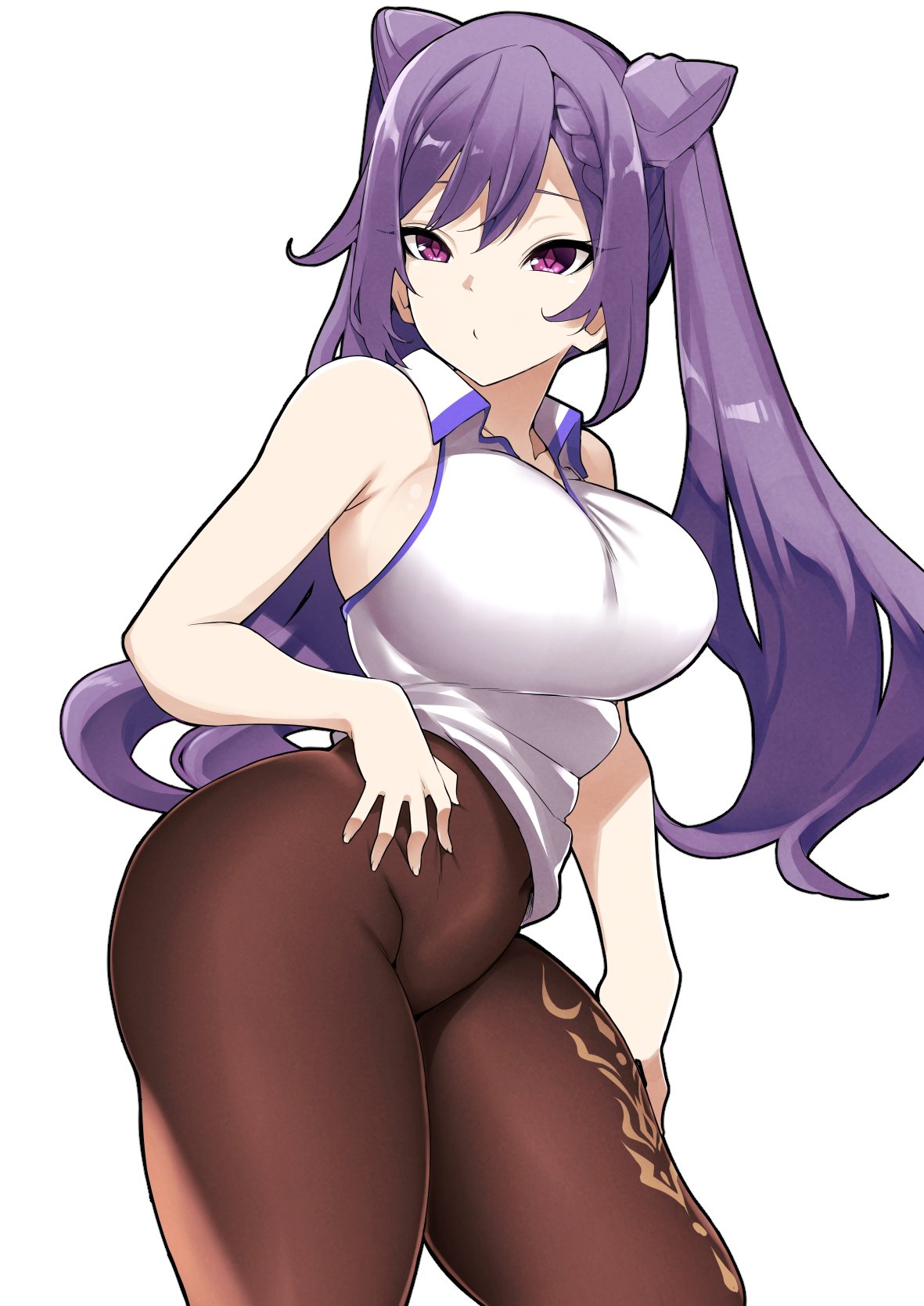 1girl, bangs, breasts, brown_legwear, cowboy_shot, genshin_impact, hand_on_own_stomach, high-waist_pantyhose, highres, keqing_(genshin_impact), large_breasts, long_hair, looking_to_the_side, manabebebe, no_pants, open_collar, pantyhose, purple_hair, shirt, sidelocks, simple_background, sleeveless, solo, standing, thick_thighs, thighs, twintails, violet_eyes, white_background, white_shirt