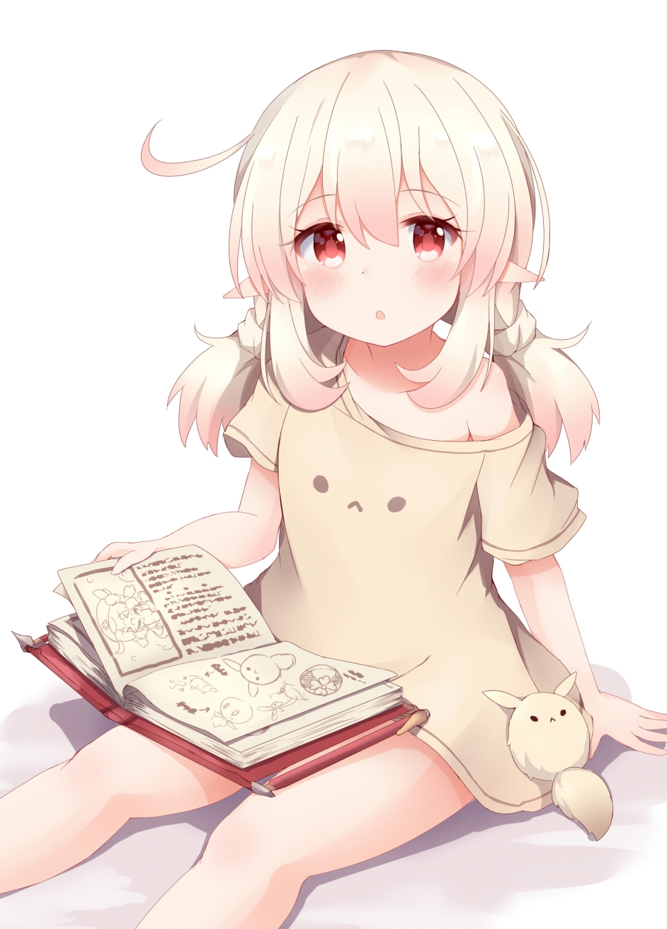 1girl, ahoge, alternate_costume, bangs, bed_sheet, beige_dress, book, book_on_lap
