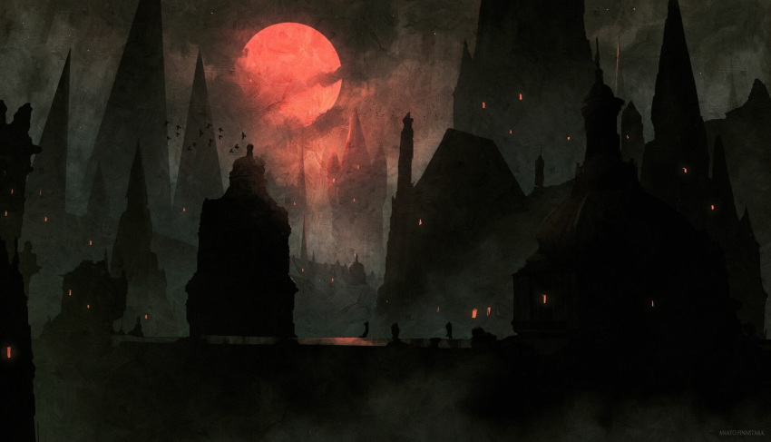 anato_finnstark, artist_name, bloodborne, building, clouds, cloudy_sky, fog, full_moon
