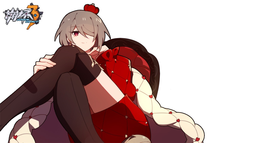 1girl, alternate_costume, bangs, boots, brown_hair, chair, crossed_legs, crown
