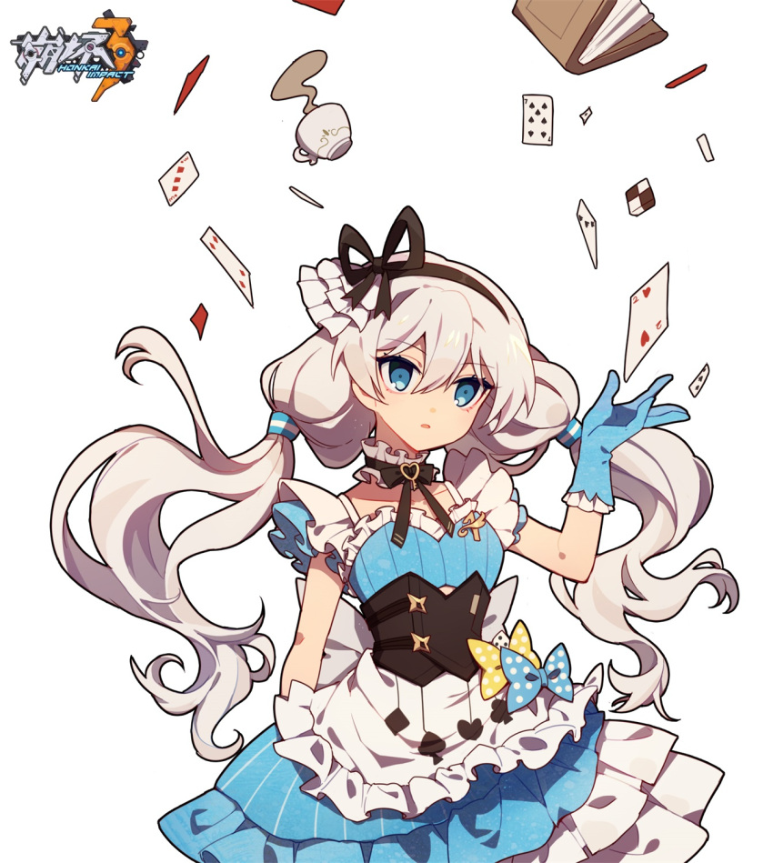 1girl, alternate_costume, bangs, bare_shoulders, blue_eyes, blue_gloves, book, card