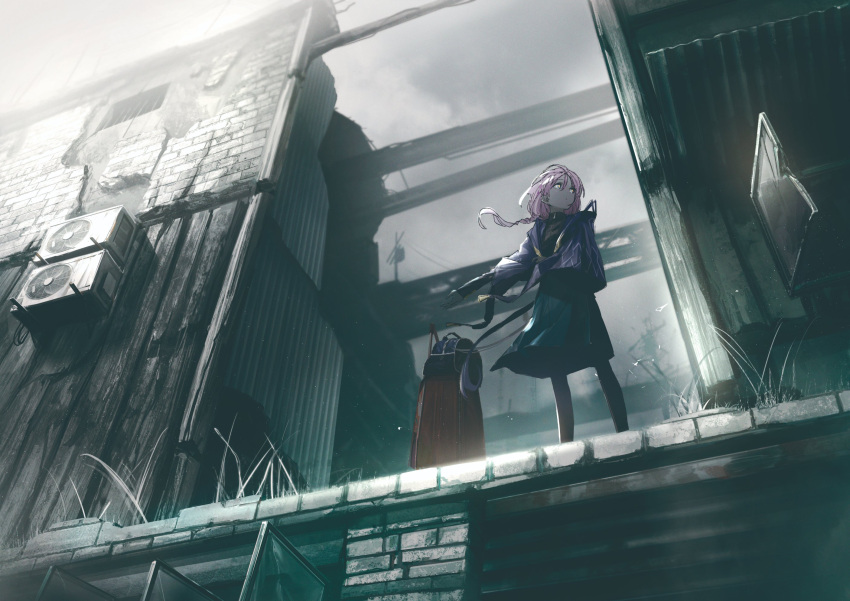 1girl, air_conditioner, bag, braid, broken_window, building, capelet, clouds