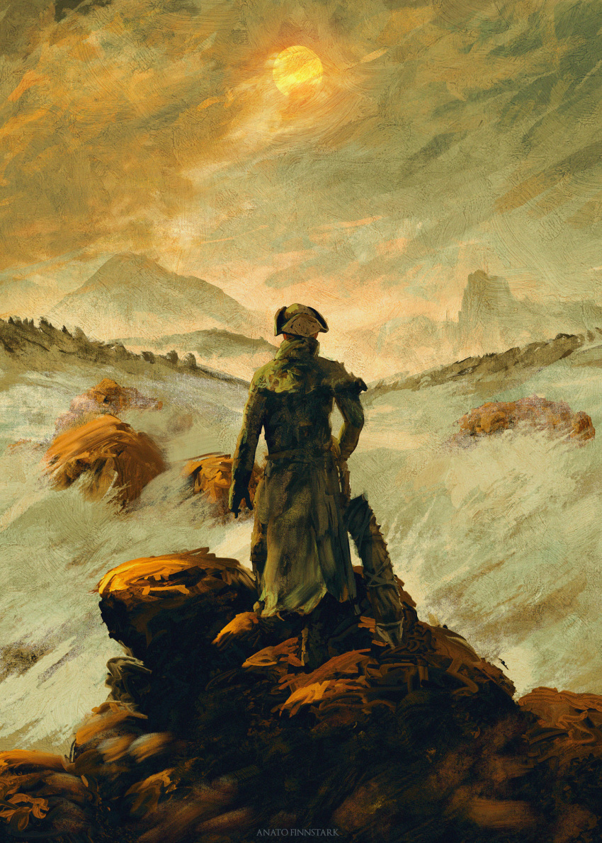 1boy, anato_finnstark, bloodborne, cliff, clouds, cloudy_sky, facing_away, fine_art_parody, fog, from_behind, hat, highres, holding, holding_sword, holding_weapon, hunter_(bloodborne), male_focus, parody, sky, solo, sun, sword, wanderer_above_the_sea_of_fog, weapon