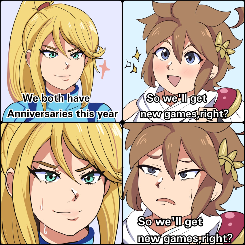 1boy, 1girl, bangs, blonde_hair, blush, brown_hair, closed_mouth, comedy