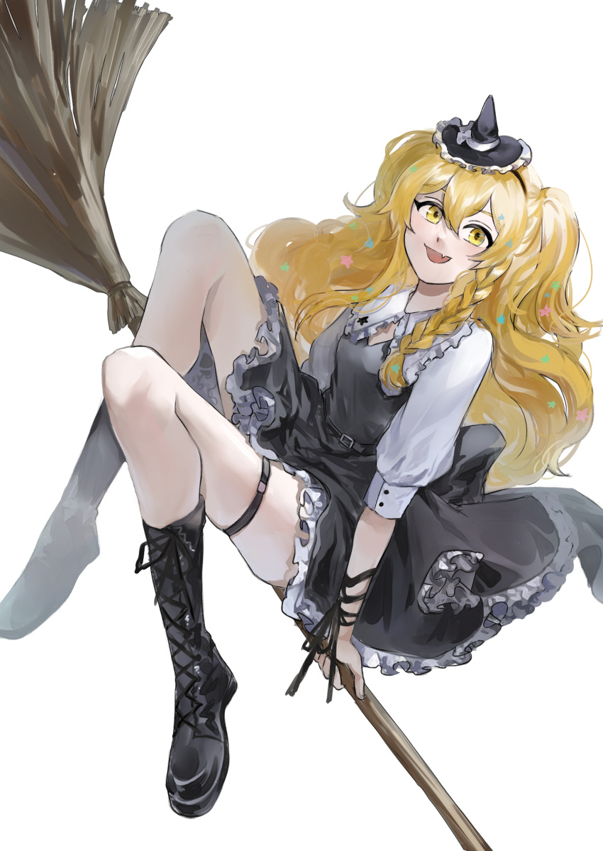 1girl, adapted_costume, black_dress, black_footwear, blonde_hair, boots, broom, cross-laced_footwear