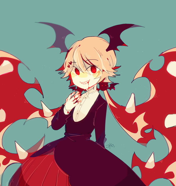 1girl, bat, bat_wings, blood, blood_on_face, cranber, crazy_smile, demon_girl, demon_horns, demon_wings, dress, funamusea, horns, long_hair, looking_at_viewer, pink_hair, red_eyes, sakiroll, sharp_teeth, teeth, wings