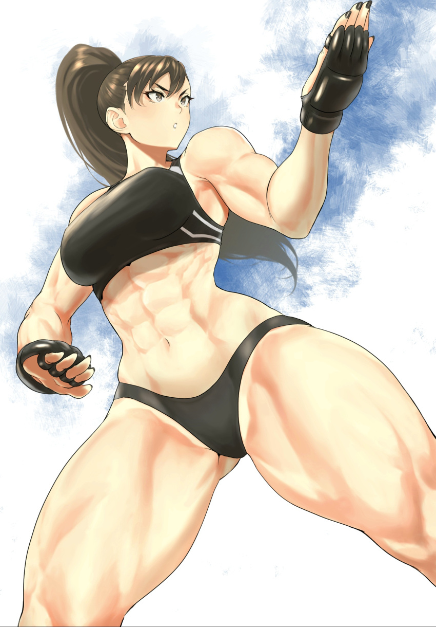 1girl, abs, absurdres, anagumasan, bangs, bare_hips, bare_shoulders, black_panties