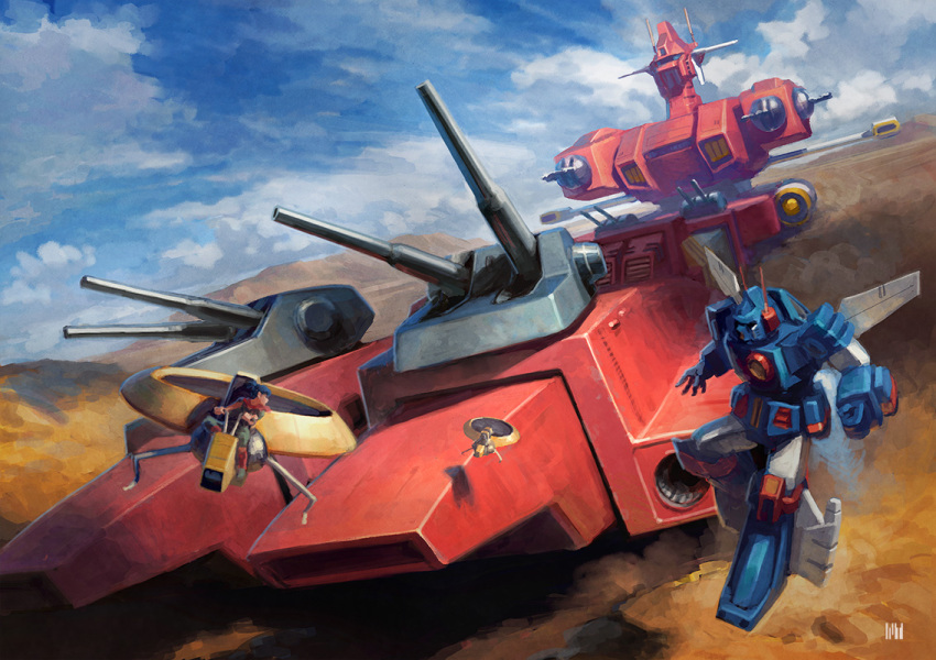 1girl, battleship, blue_hair, clenched_hand, flying, fmu, hovercraft, iron_gear