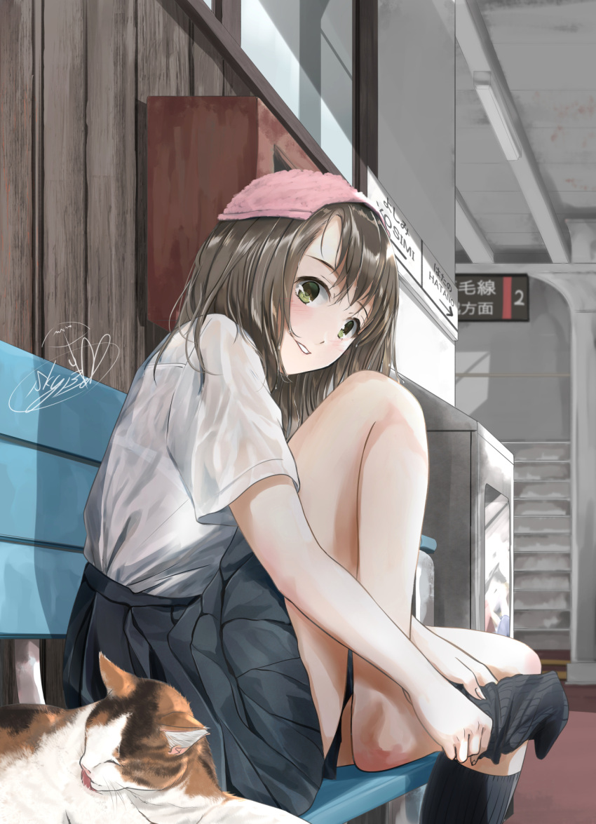 1girl, bench, black_legwear, black_skirt, bra, bra_through_clothes, brown_eyes, brown_hair