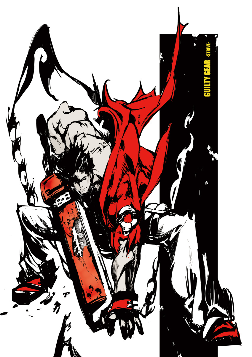 1boy, black_hair, copyright_name, english_commentary, fingerless_gloves, full_body, gloves, guilty_gear, guilty_gear_strive, high_contrast, highres, ishiwatari_daisuke, jacket, junkyard_dog_mk_iii, male_focus, manly, muscular, muscular_male, official_art, red_jacket, sol_badguy, solo