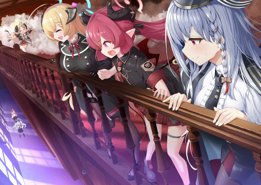 >_<, 6+girls, :d, akari_(blue_archive), armband, black_footwear, black_jacket, black_neckwear