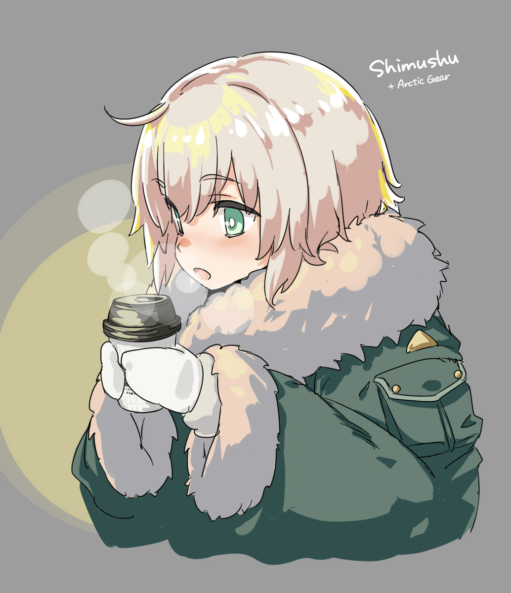 1girl, aka_ringo, blonde_hair, blush, character_name, drink, eyebrows_visible_through_hair, fur-trimmed_jacket