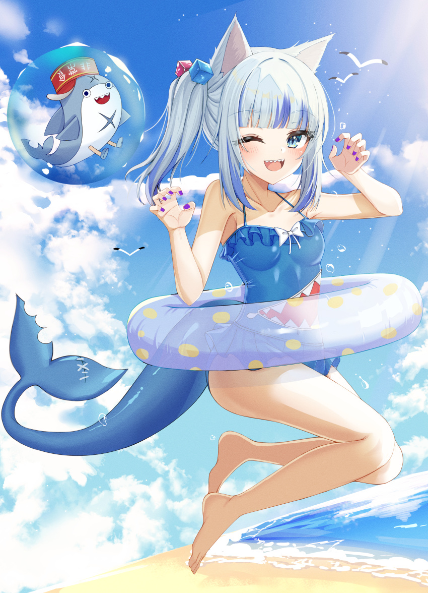 1girl, ;d, absurdres, animal_ears, bangs, bare_arms, bare_legs, bare_shoulders