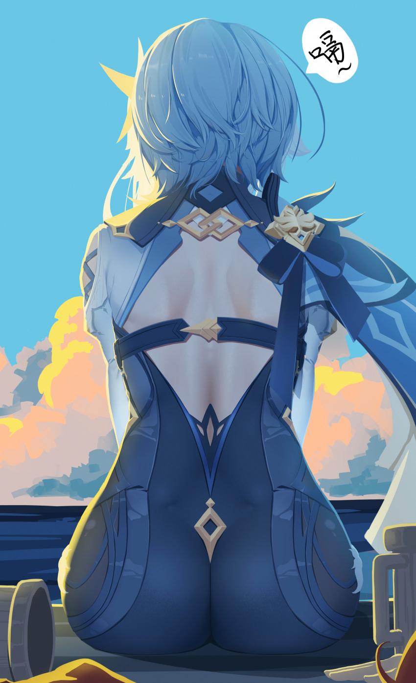 1girl, absurdres, ass, back, back_cutout, backless_leotard, blue_hair, blue_sky