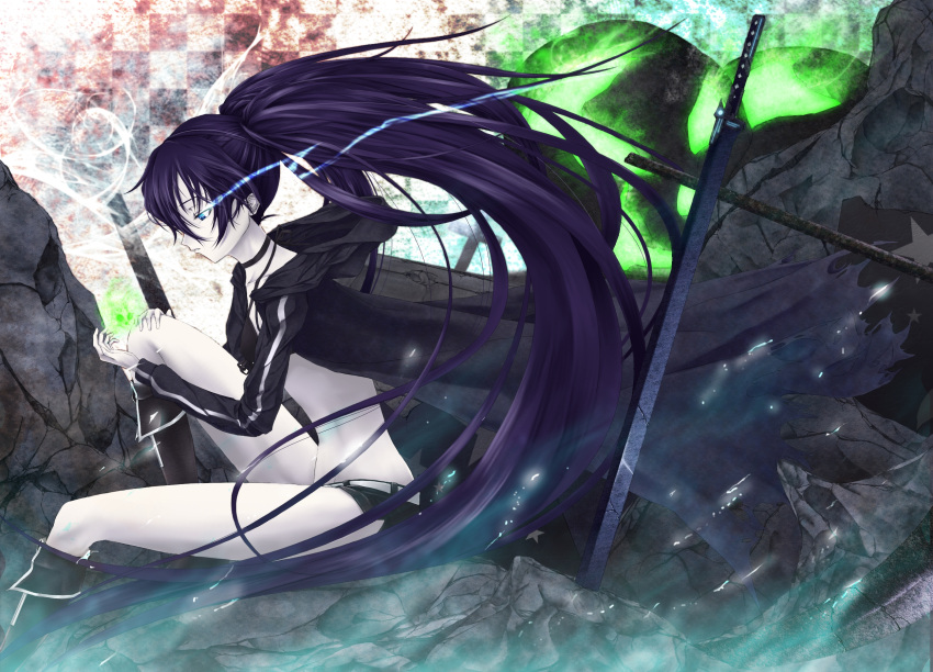 black_hair, black_rock_shooter, black_rock_shooter_(character), blue_eyes, boots, coat, flat_chest, glowing