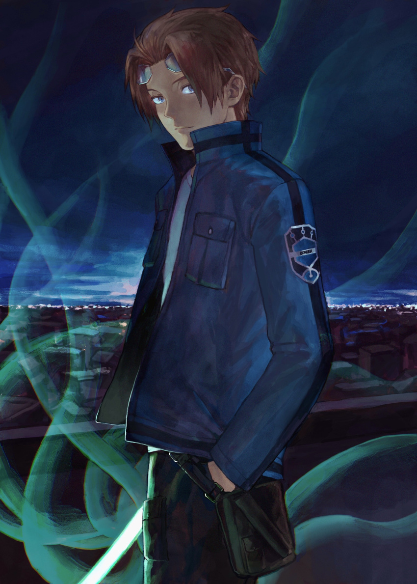 1boy, absurdres, black_pants, blue_eyes, blue_jacket, brown_hair, building, city