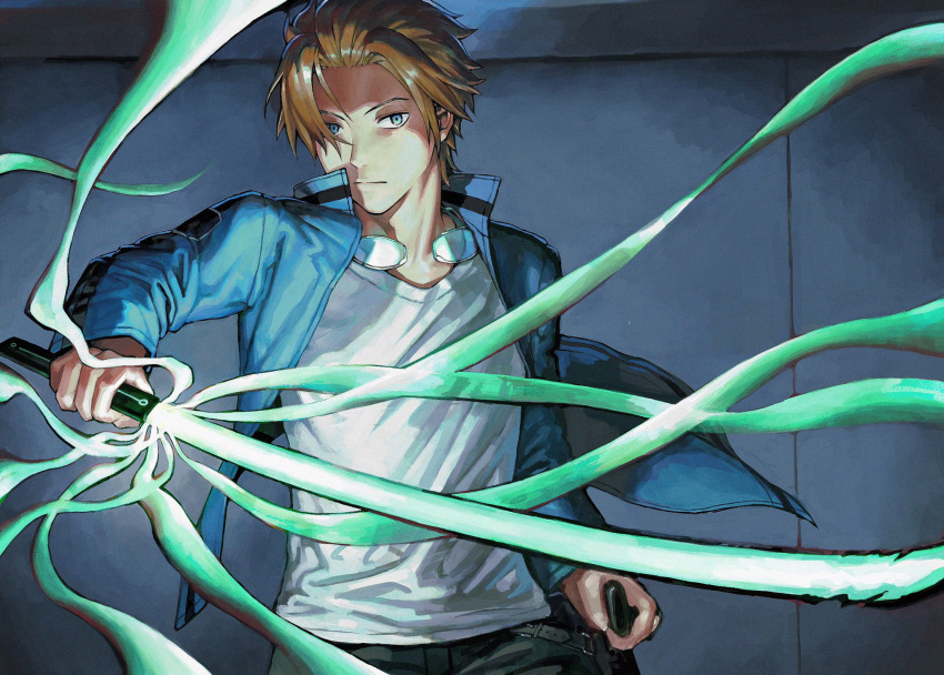 1boy, black_pants, blue_eyes, blue_jacket, brown_hair, closed_mouth, expressionless, glasses, glowing, glowing_weapon, hair_over_one_eye, hand_up, high_collar, highres, holding, holding_weapon, incoming_attack, indoors, jacket, jin_yuuichi, long_sleeves, looking_at_viewer, male_focus, motion_blur, oki_xfourty, pants, shirt, short_hair, solo, standing, sword, tinted_eyewear, uniform, unsheathed, weapon, white_shirt, world_trigger